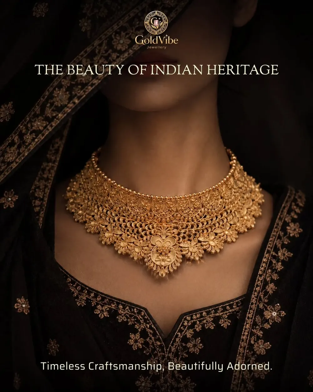 A heavy filigree gold choker worn with a black embroidered dupatta.