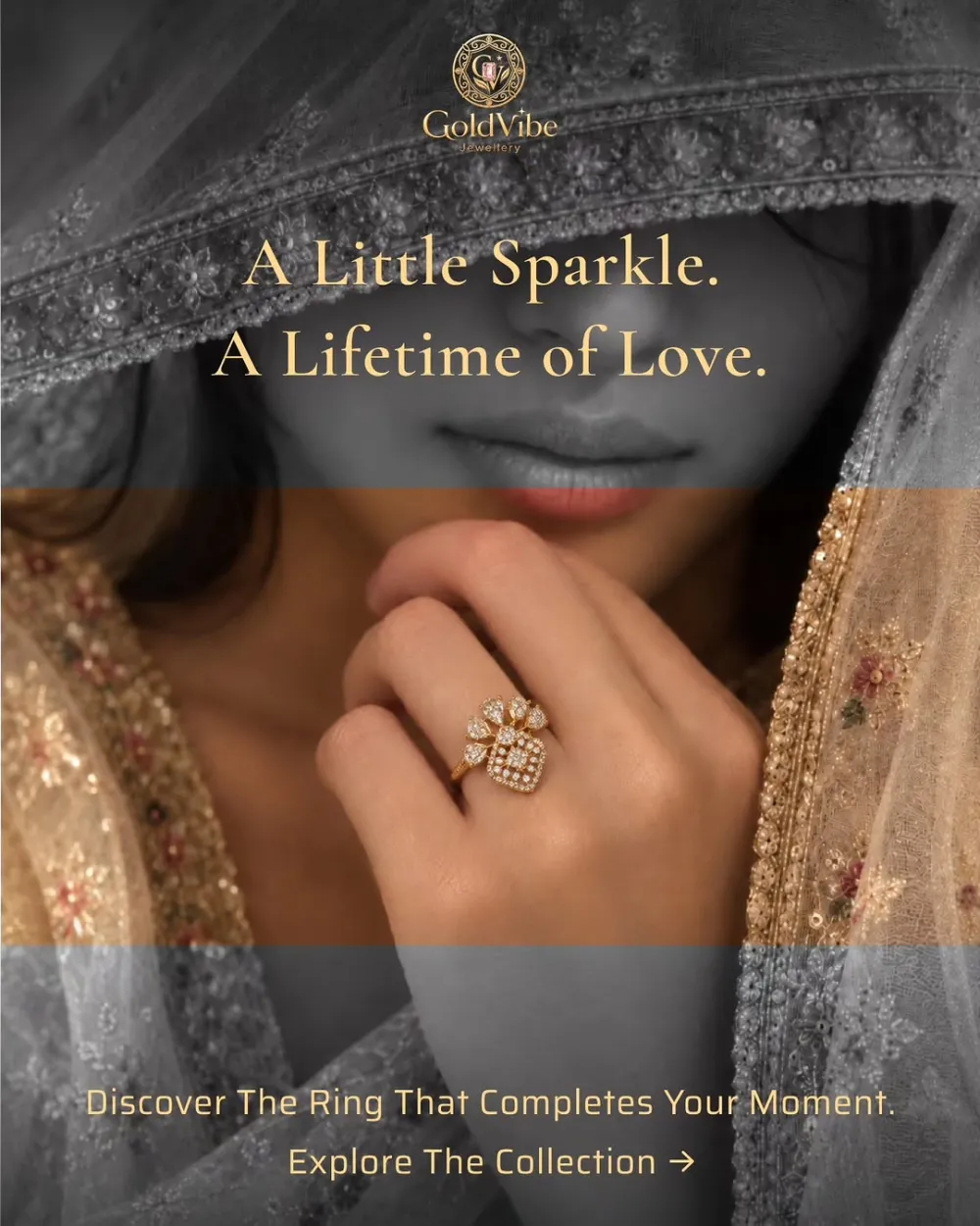 A stone-set statement ring on a hand, against an embroidered dupatta.