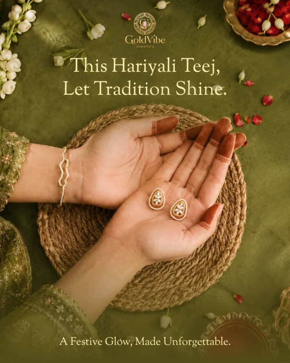 Mehndi-patterned hands holding a pair of GoldVibe teardrop studs on a jute mat, with jasmine and rose petals.