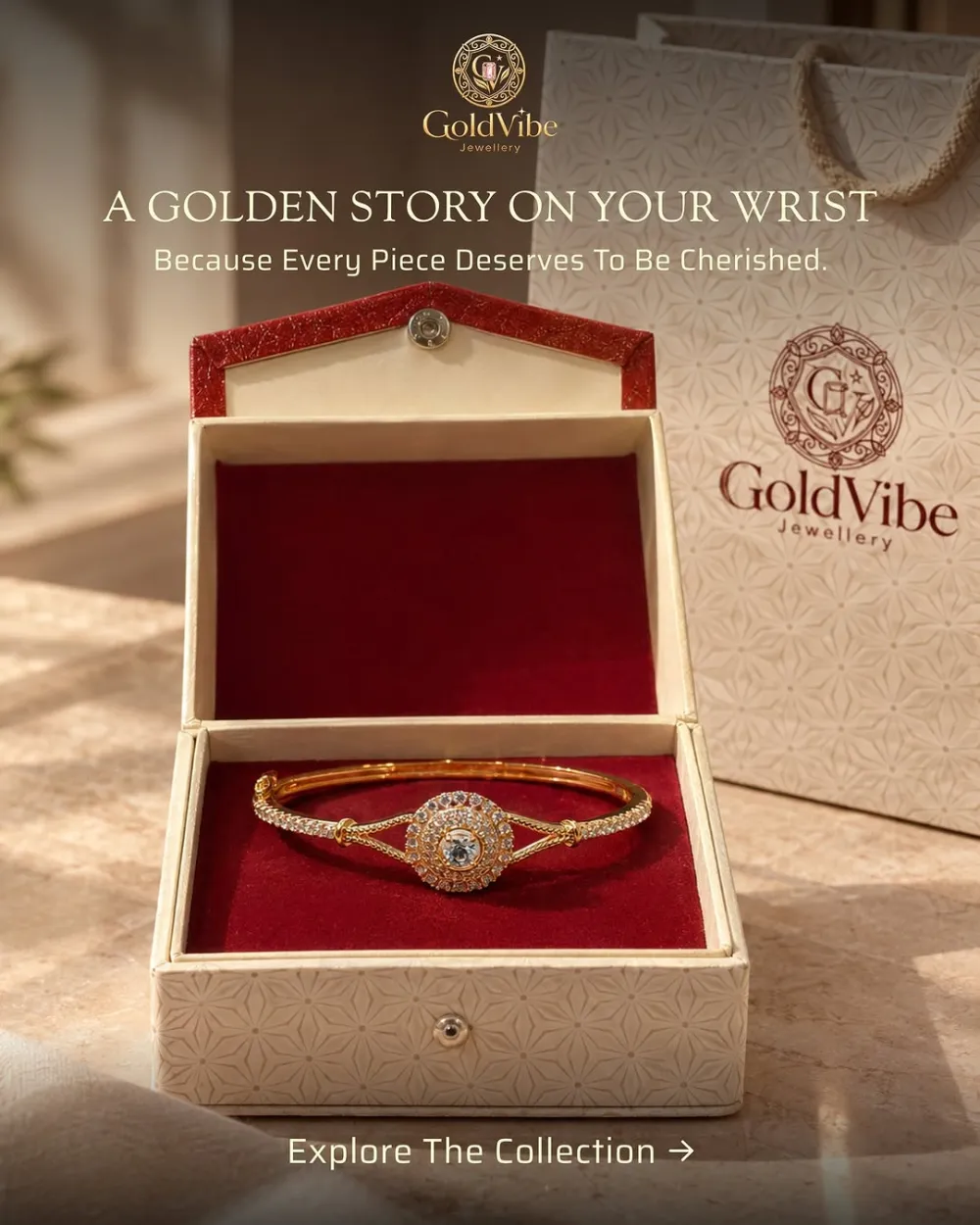 A stone-set halo bracelet in an open GoldVibe box, with the shop's printed bag behind it.