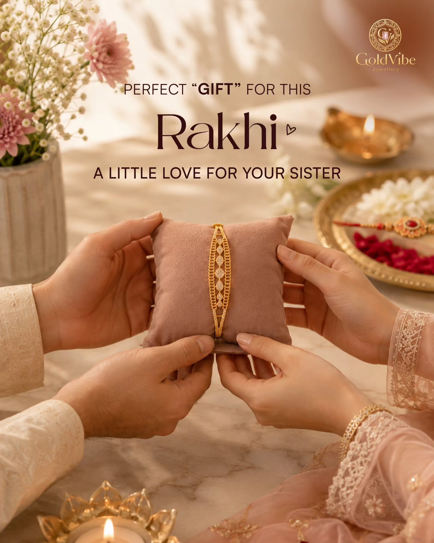 Perfect gift for this Rakhi — hands presenting a gold chain on a cushion, from GoldVibe Jewellery.