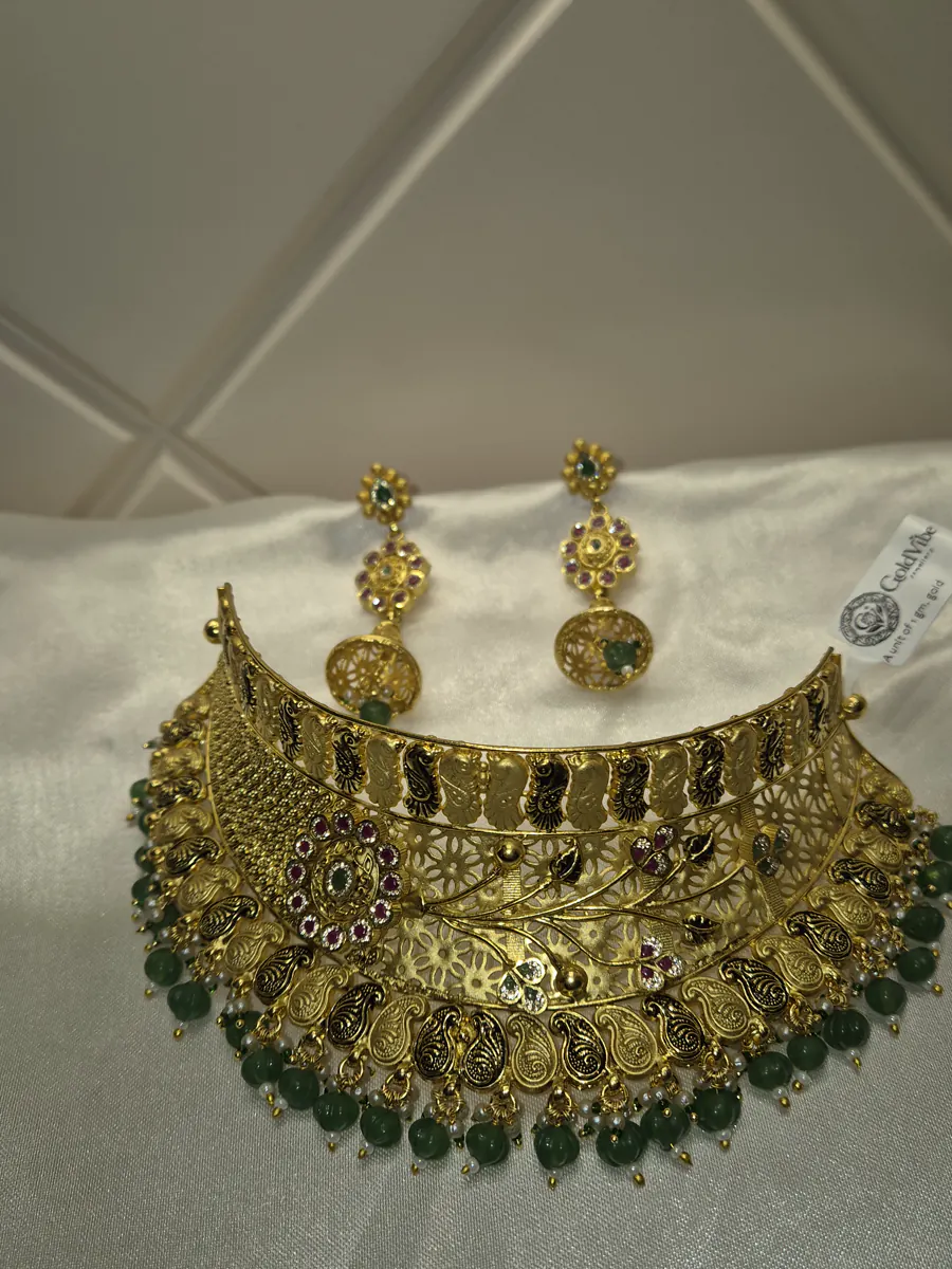 Zamrud Green Choker Set — 1 gram gold plated chokers by GoldVibe Jewellery