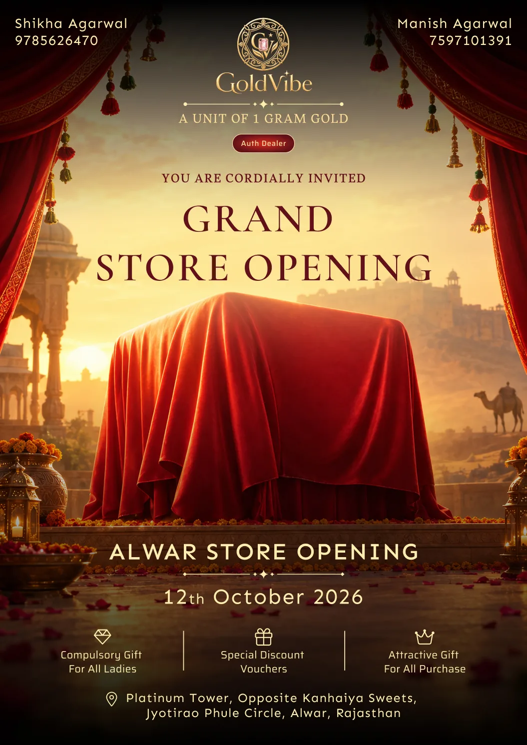 GoldVibe Alwar grand store opening invitation — Opening 12 October, Platinum Tower, Opposite Kanhaiya Sweets, Jyotirao Phule Circle, Alwar, Rajasthan